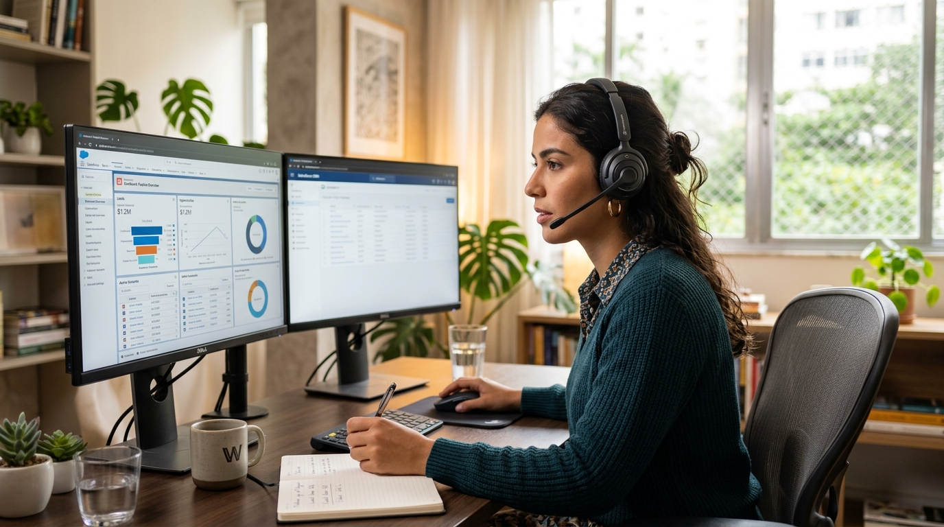 Nearshore Latin American SDR reviewing CRM pipeline on dual monitors, representing outsourced SDR cost efficiency in 2026