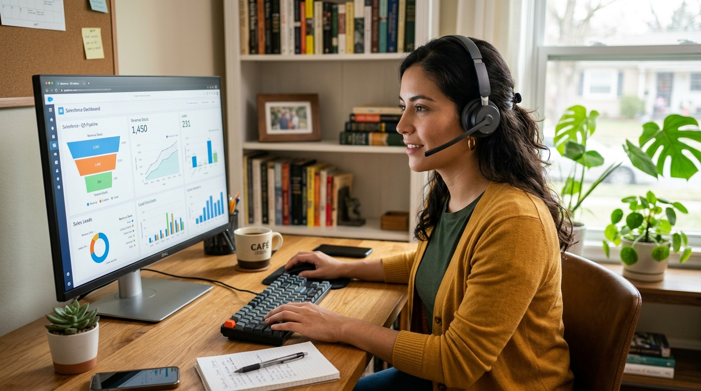 Nearshore outsourced SDR working at a Latin American home office with a CRM dashboard open on screen
