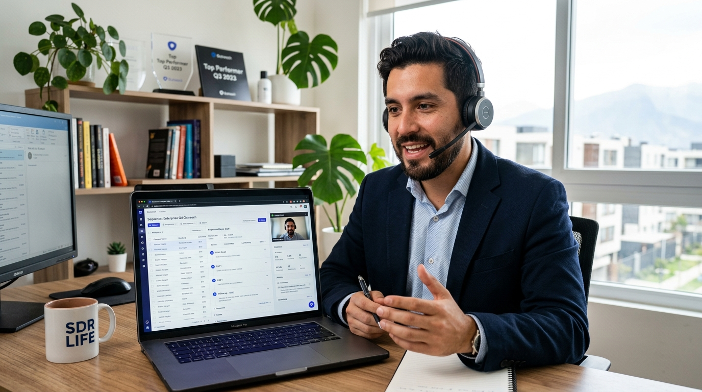Nearshore outsourced SDR on a video call reviewing a sales sequence in a Latin American home office