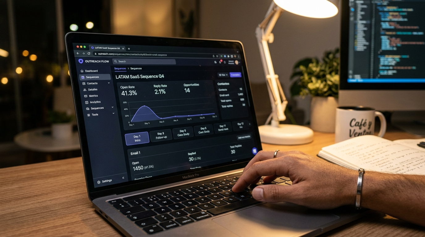 Outsourced SDR reviewing cold email sequence metrics in a sales outreach platform on a laptop screen