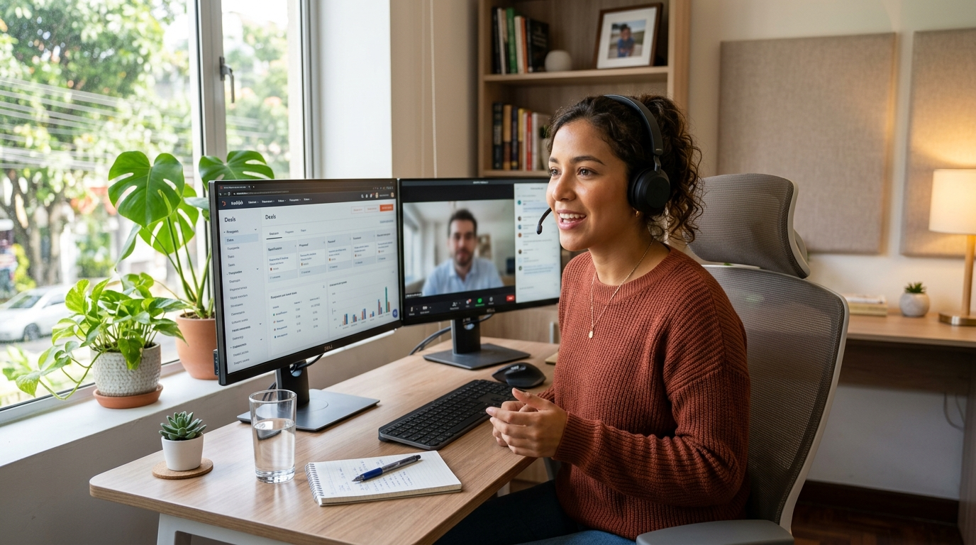 Nearshore outsourced SDR working US business hours on a SaaS pipeline dashboard, Latin America home office, 2026