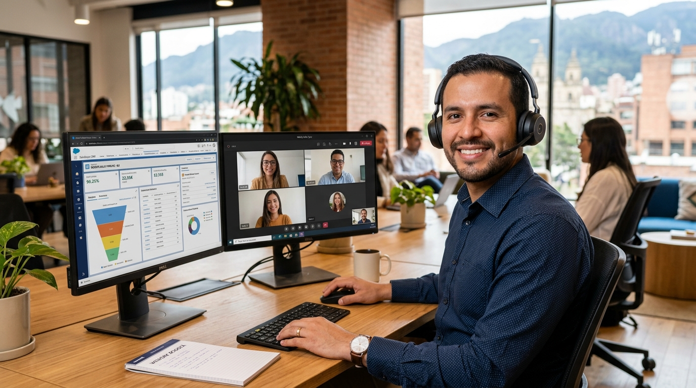 Nearshore SDR rep on a SaaS prospecting call at a modern Latin American co-working space, CRM visible on screen