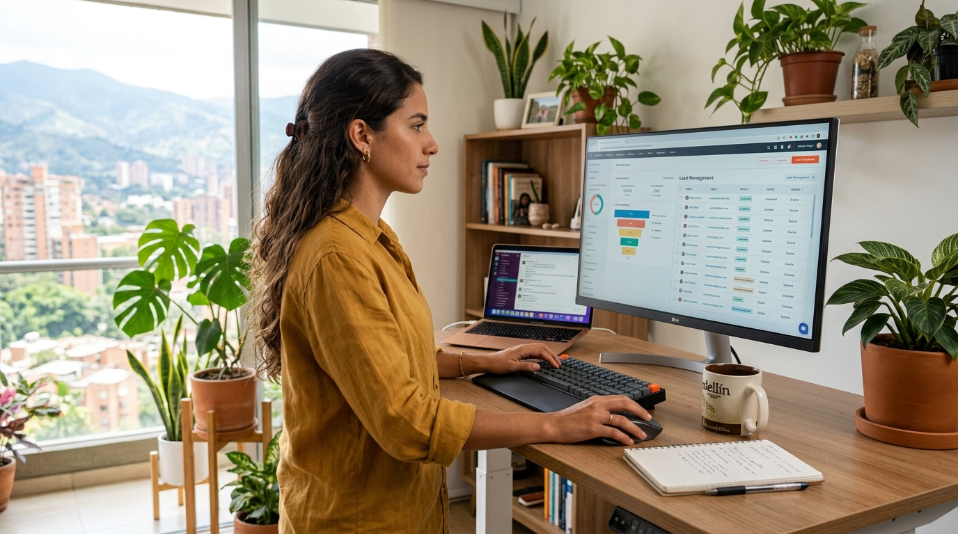 Nearshore SDR reviewing a SaaS CRM lead list at her Latin American home office workstation