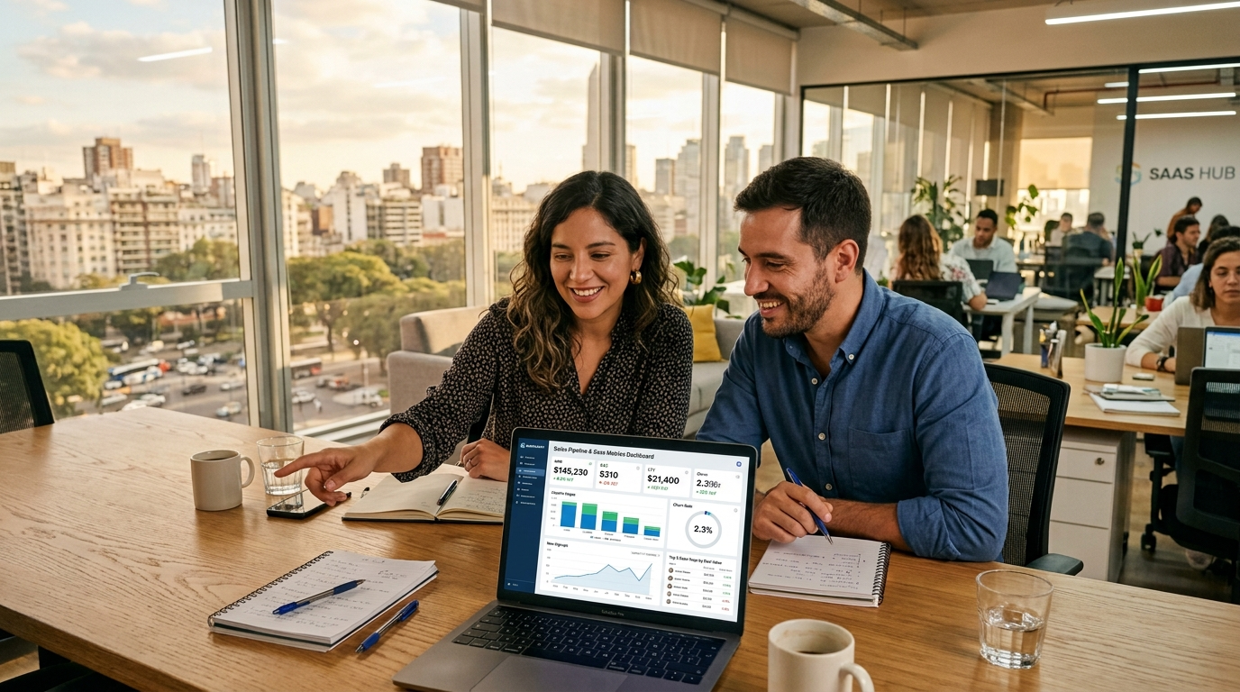 Nearshore outsourced SDR team reviewing SaaS pipeline data on a shared laptop in a Latin American office