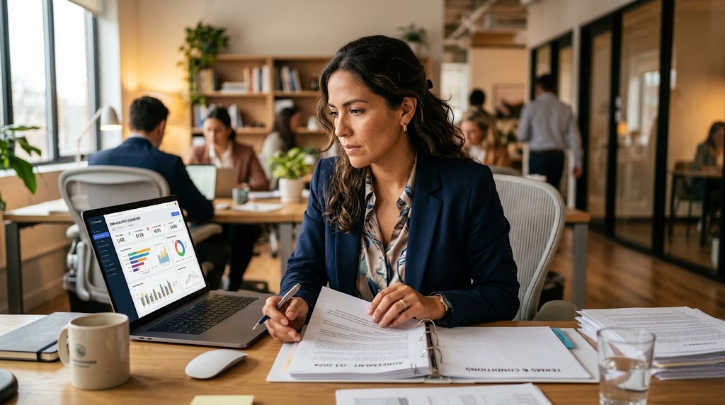 Nearshore SDR manager reviewing outsourced lead generation performance data and vendor SLA terms for B2B lead generation ROI