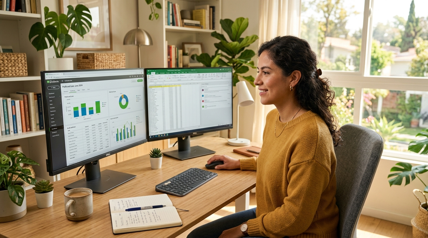 Nearshore virtual bookkeeper reviewing outsourcing bookkeeping rates on QuickBooks dashboard in a Latin American home office