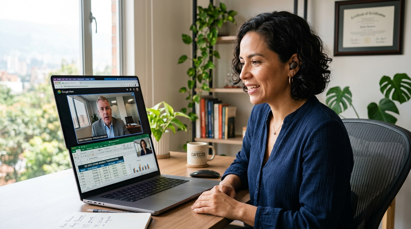 Nearshore bookkeeper on video call discussing outsourcing bookkeeping rates and monthly reconciliation with a US client