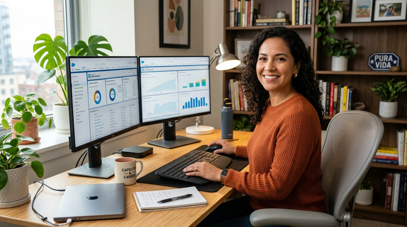 Latin American virtual assistant at a dual-monitor home office desk, representing nearshore outsourcing companies in Latin America in 2026