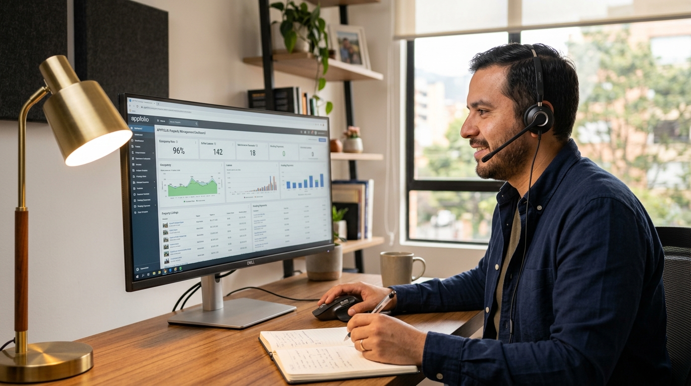 Latin American nearshore virtual assistant reviewing property management software dashboard, representing outsourcing companies in Latin America