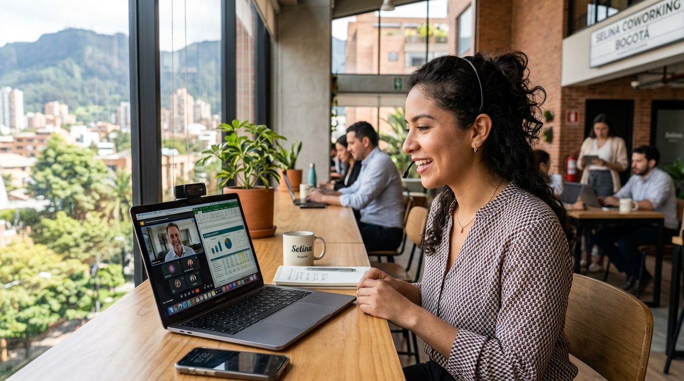 Nearshore Latin American virtual assistant on a live video call with a US business client, demonstrating real-time timezone alignment for outsourcing companies in Latin America