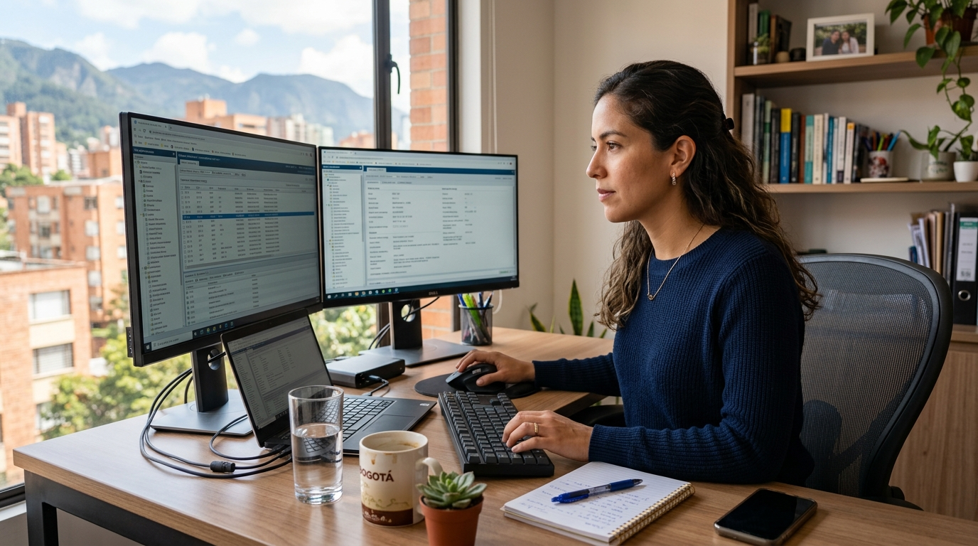 Latin American nearshore medical coder reviewing ICD-10 coding services on dual monitors in a professional home office in Latin America