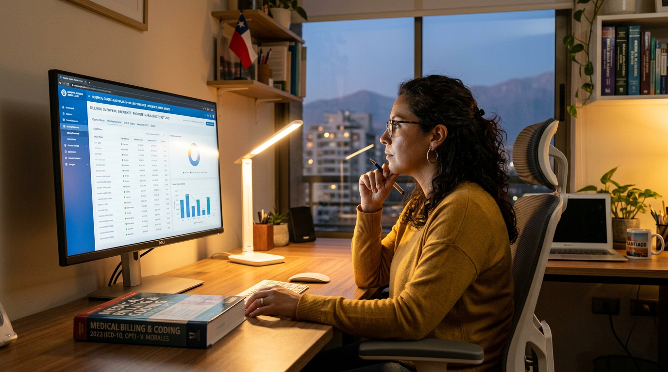 Nearshore Latin American ICD-10 medical billing specialist reviewing claim accuracy on a coding dashboard in a professional home office