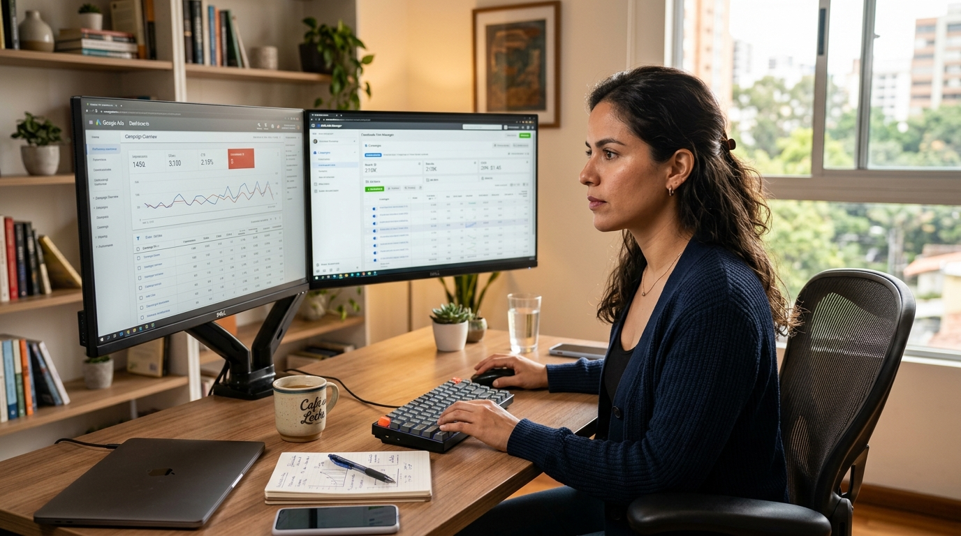 Nearshore paid ads VA managing Google Ads and Meta Ads dashboards on dual monitors in a Latin American home office