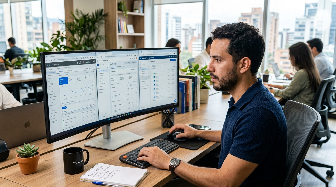 Nearshore paid ads VA comparing Google Ads, Meta Ads, and LinkedIn Campaign Manager on three browser tabs