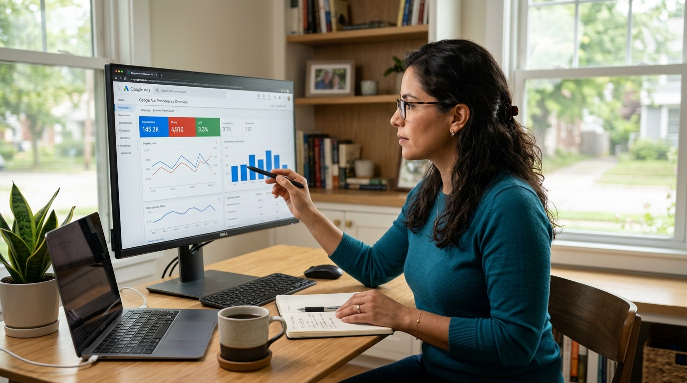 Nearshore paid ads VA reviewing Google Ads performance dashboard with campaign metrics on screen