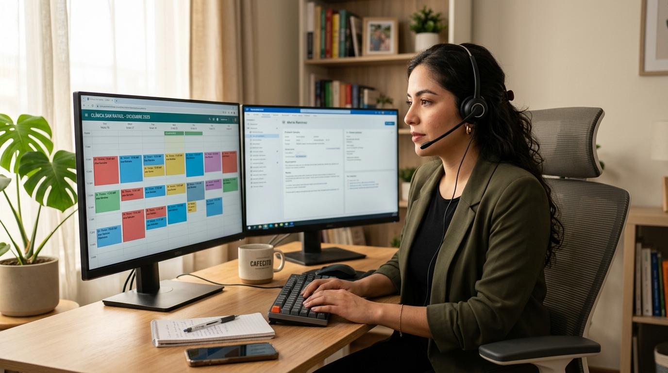 Nearshore patient scheduling virtual assistant managing medical appointment calendar on dual monitors from a Latin American home office