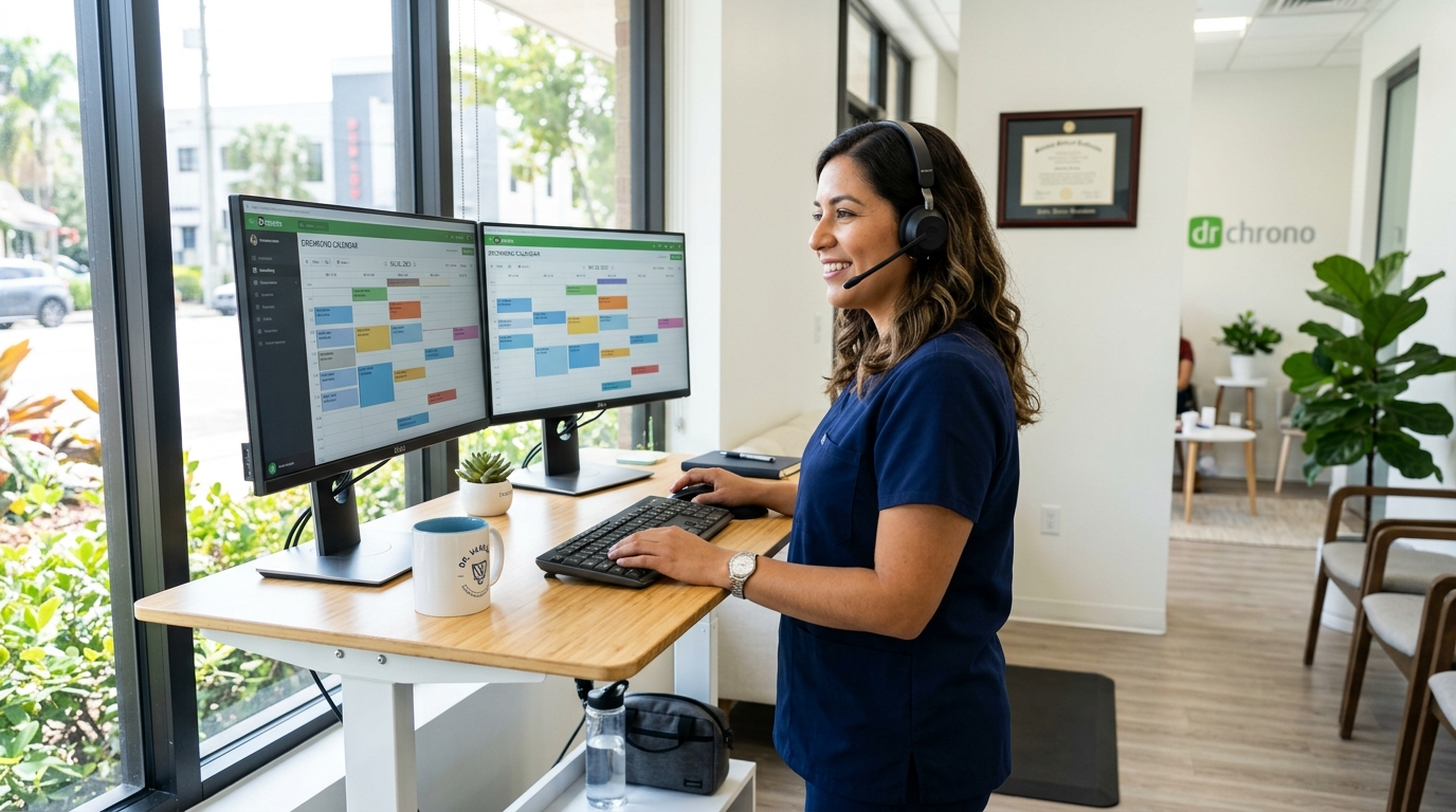 Patient scheduling virtual assistant reviewing DrChrono appointment calendar on dual monitors in a modern Latin American home office