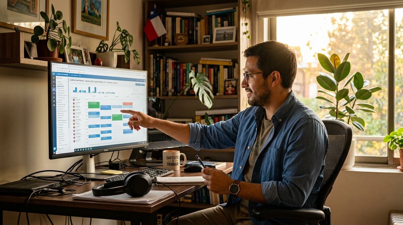 Nearshore medical scheduling virtual assistant reviewing patient appointment dashboard with AI scheduling tools on screen