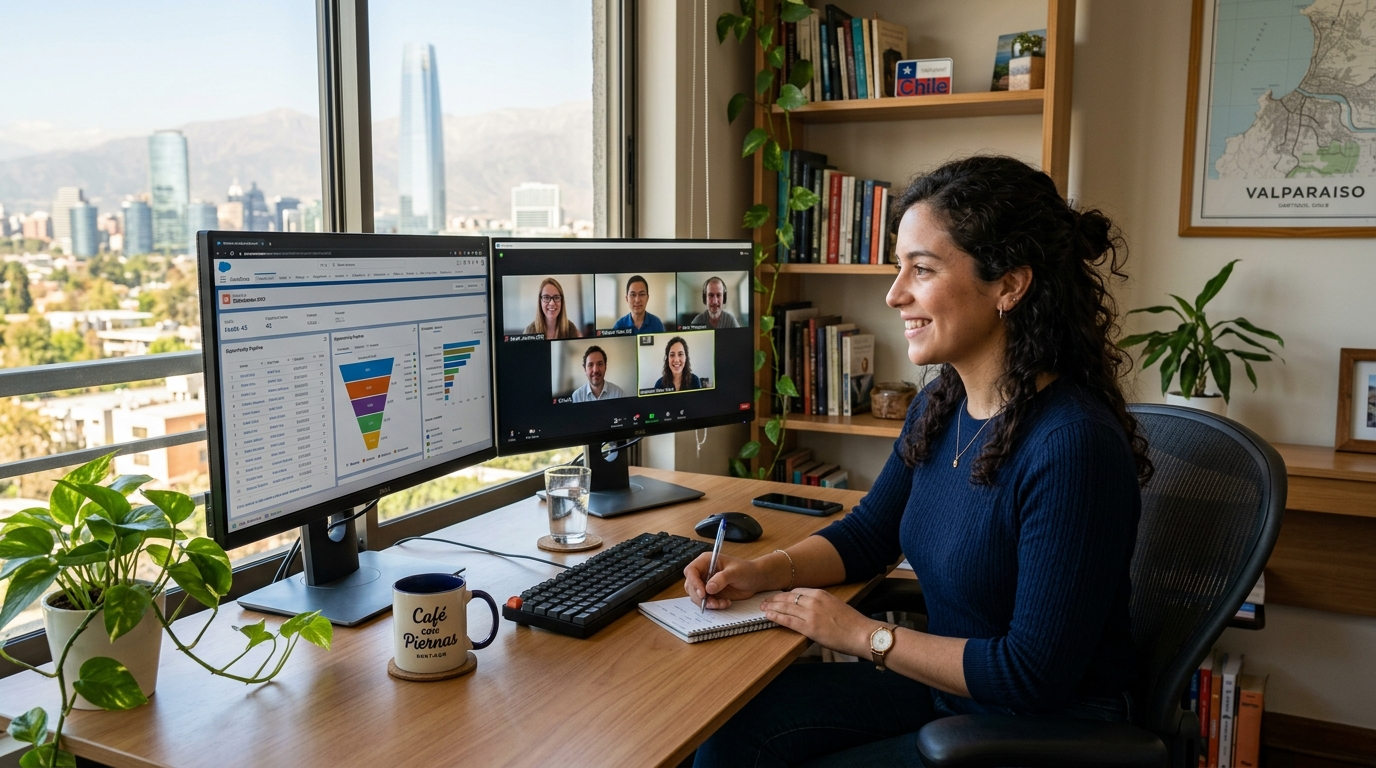 Nearshore SDR in Santiago on a live video call with a US cybersecurity startup team, CRM open on second monitor