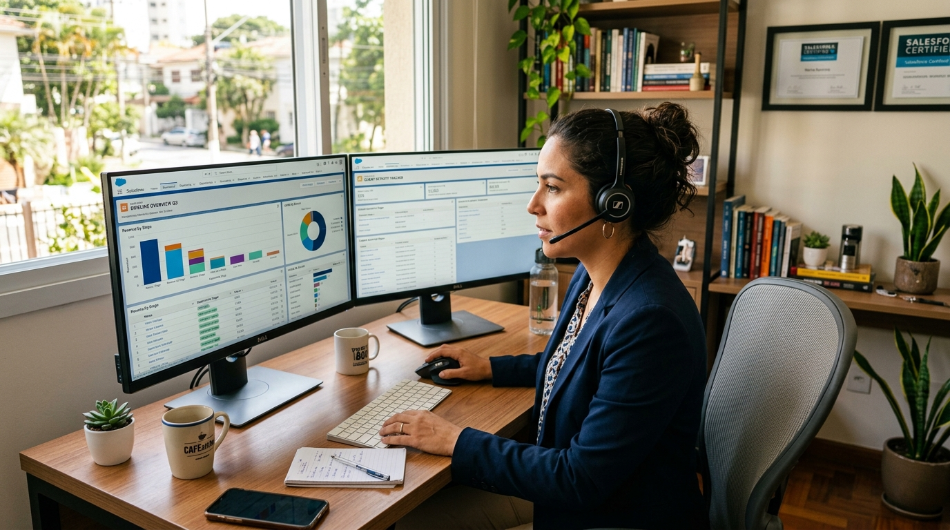 Nearshore VA doing ERP SaaS appointment setting at a modern Latin American home office with CRM dashboard visible