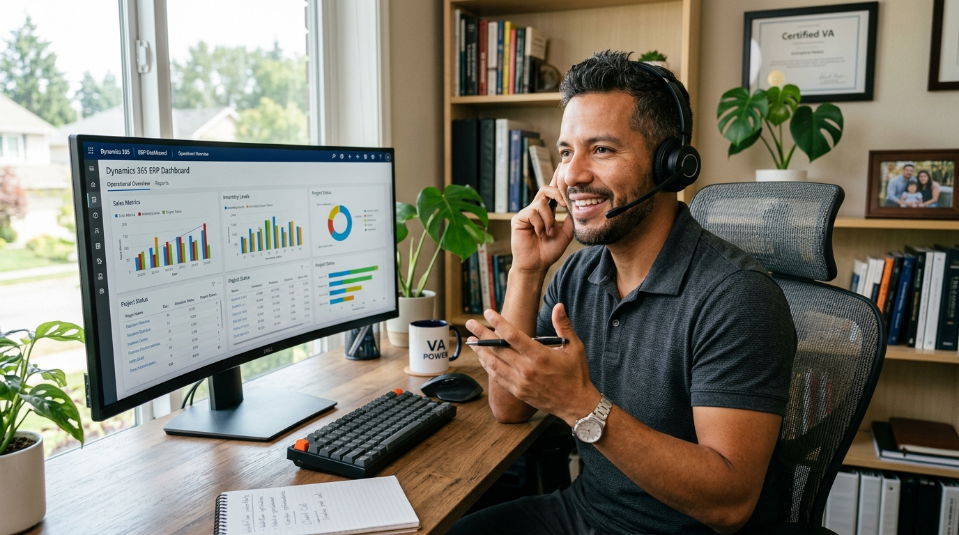 Nearshore ERP SaaS appointment setter on a call with a CRM and ERP dashboard visible on screen