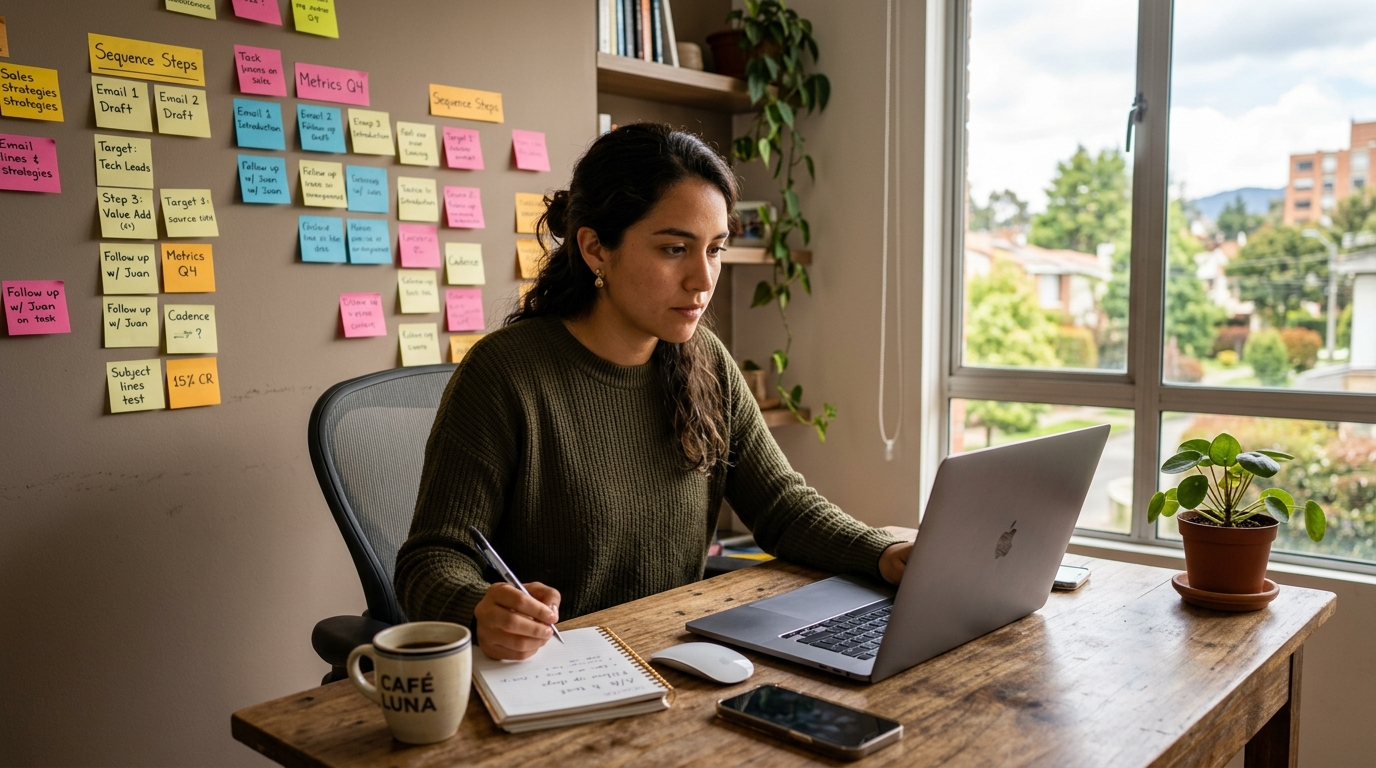Nearshore ERP SaaS SDR reviewing outbound sales sequences for appointment setting in a professional home office