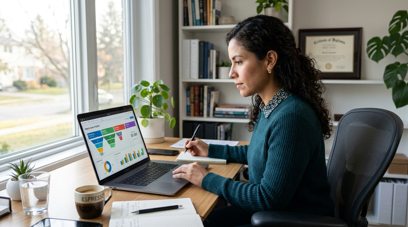 Nearshore appointment setter reviewing weekly SaaS hosting pipeline performance metrics during a US business hours session