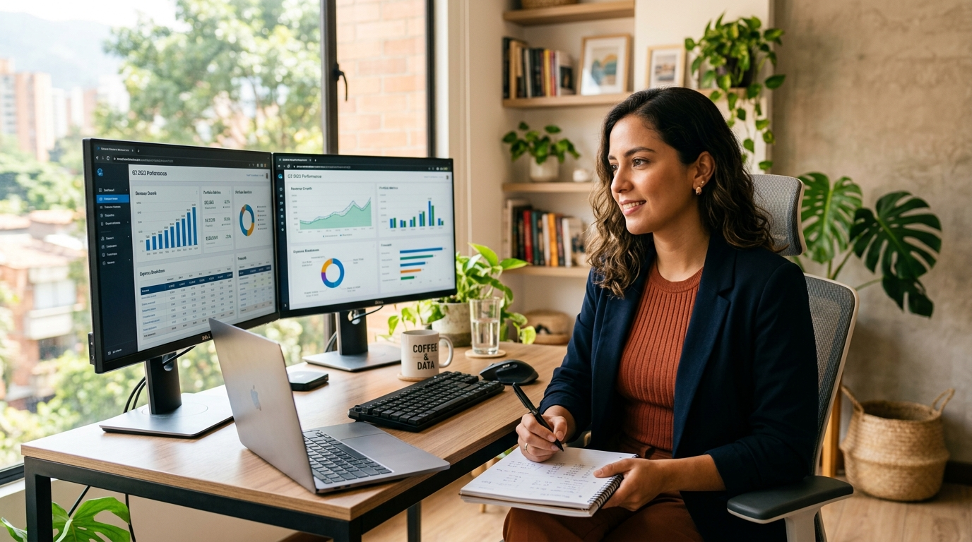 Latin American nearshore bookkeeper reviewing financial dashboards during a Pilot bookkeeping vs Bench accounting comparison in 2026