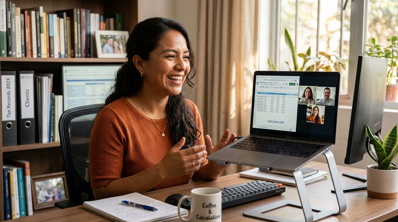 Nearshore bookkeeper on a real-time video call with a US client, offering a human alternative to Pilot and Bench accounting in 2026