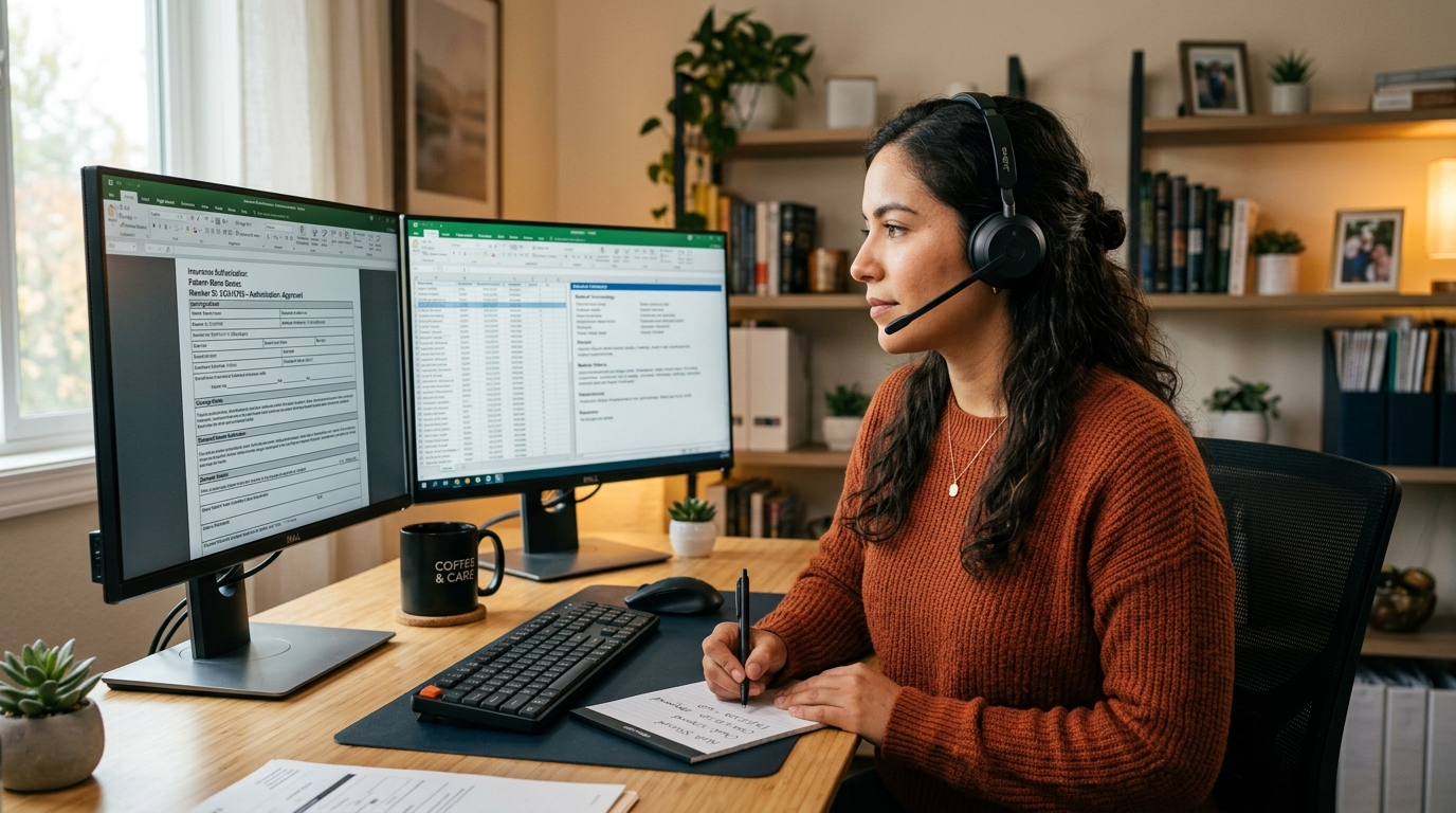 Nearshore prior authorization virtual assistant reviewing insurance approval documents on dual monitors during US business hours