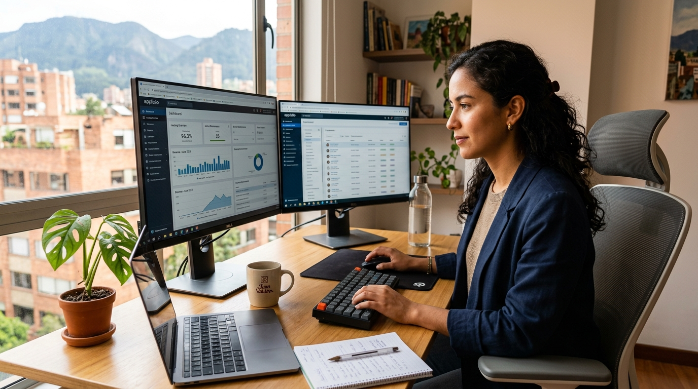 Nearshore virtual assistant reviewing property management software dashboard — AppFolio screen visible on dual monitors in a Latin American home office
