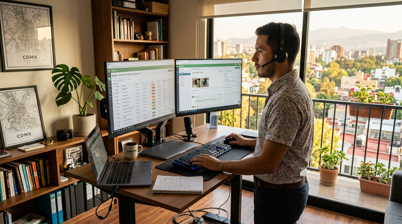 Nearshore property management VA working in Buildium maintenance queue on dual monitors, Latin American home office setting