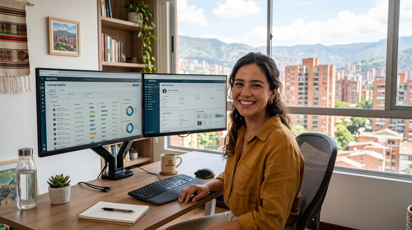 Nearshore Latin American VA managing AppFolio leasing pipeline with city view background, property management software visible on screen