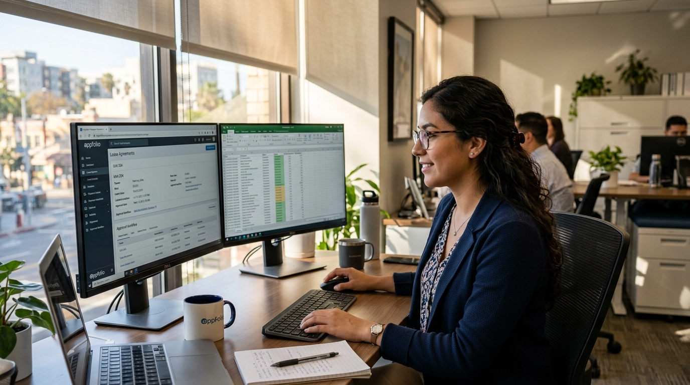 Latin American property management VA reviewing AppFolio lease data at a dual-monitor desk — property management VA cost guide 2026