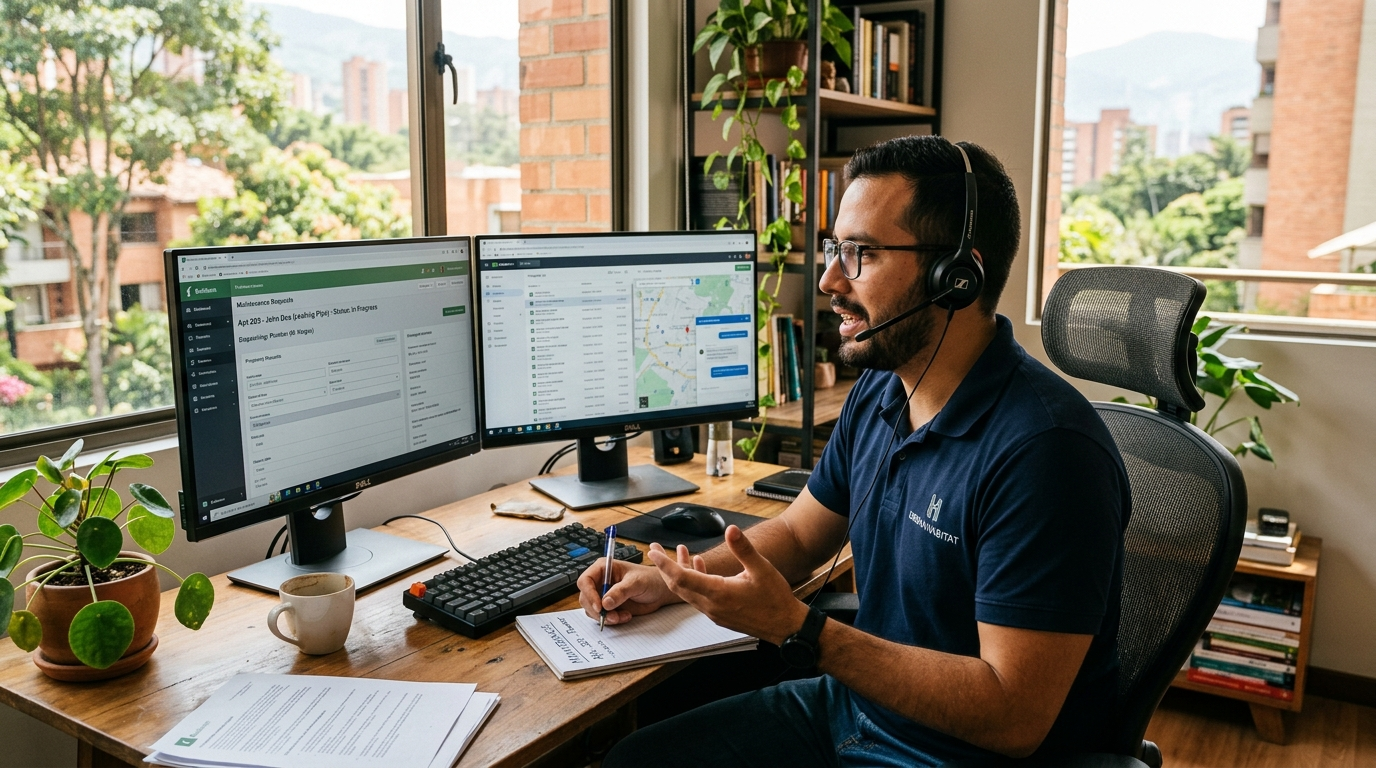Nearshore property management VA on headset coordinating a maintenance request using property management software, 2026