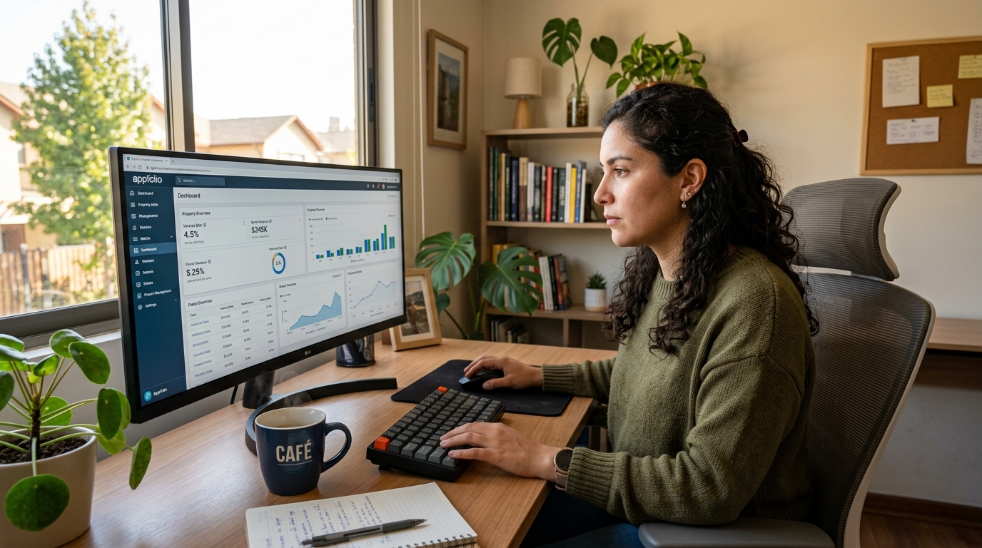 Latin American property management VA reviewing AppFolio dashboard — property management VA cost 2026