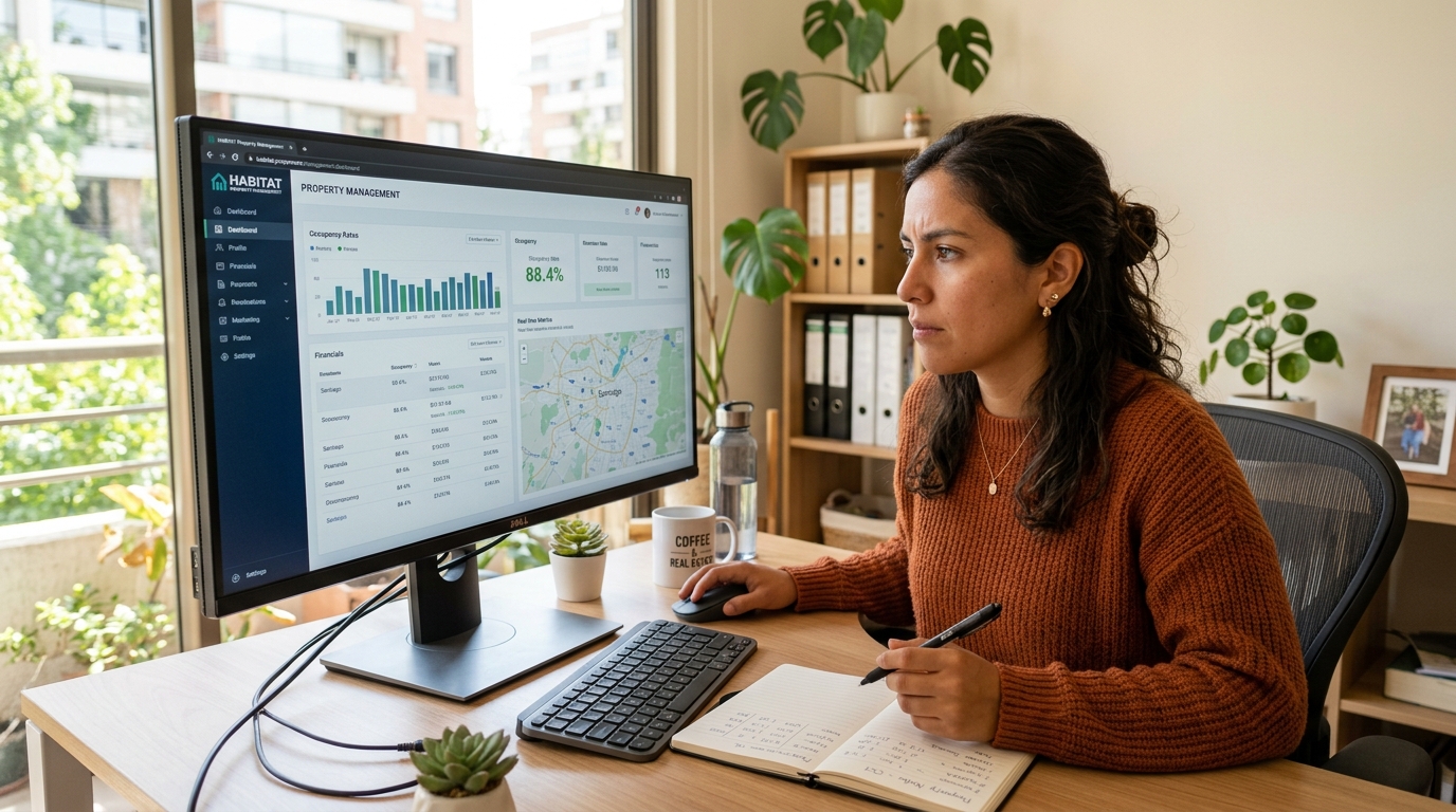 Nearshore virtual assistant reviewing Propertyware RealPage or Rentec Direct dashboard at a Latin American home office in 2026