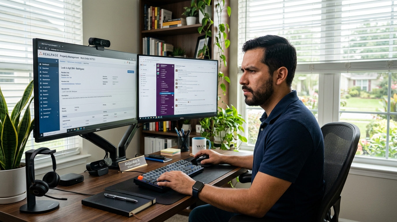 Nearshore property management VA reviewing RealPage work orders on dual monitors in a Latin American home office