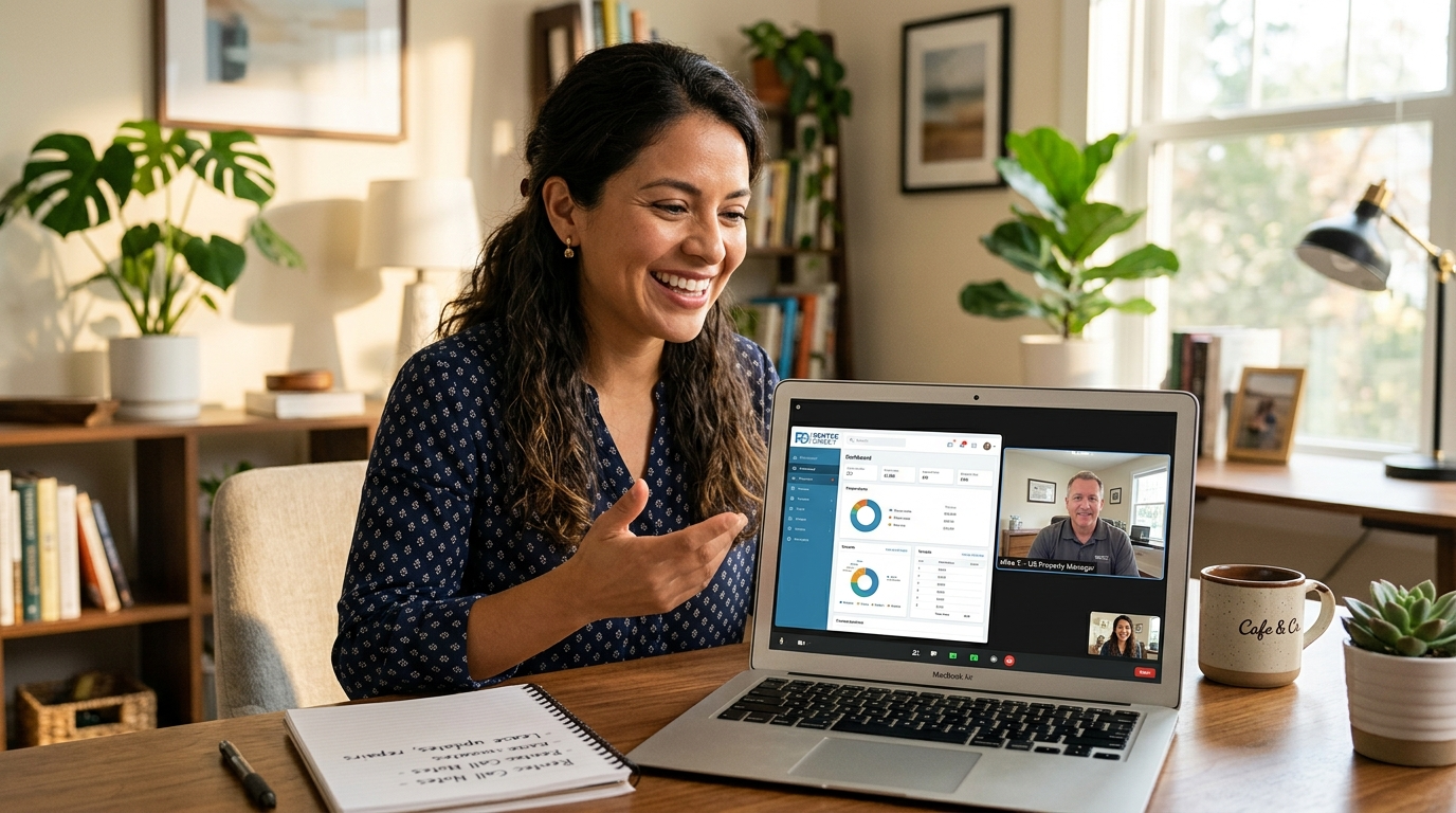 Nearshore virtual assistant on video call with US property manager reviewing Rentec Direct portfolio data in 2026
