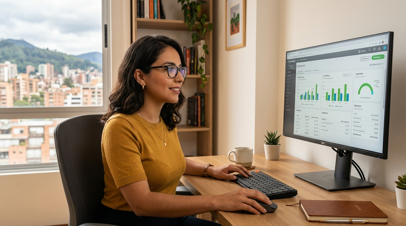 Nearshore virtual bookkeeper reviewing QBO Live bookkeeping pricing on a monitor in a bright Latin American home office
