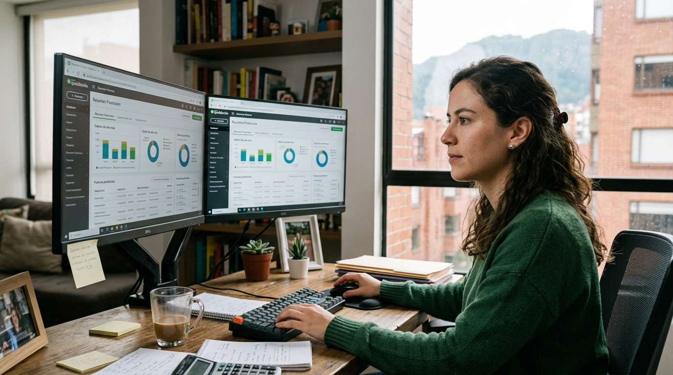 Nearshore QuickBooks book keeper in Latin America reviewing financial reports on dual monitors at a modern home office desk.