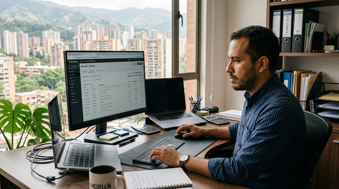 Nearshore QuickBooks book keeper reconciling bank transactions inside QuickBooks Online at a Latin American home office.