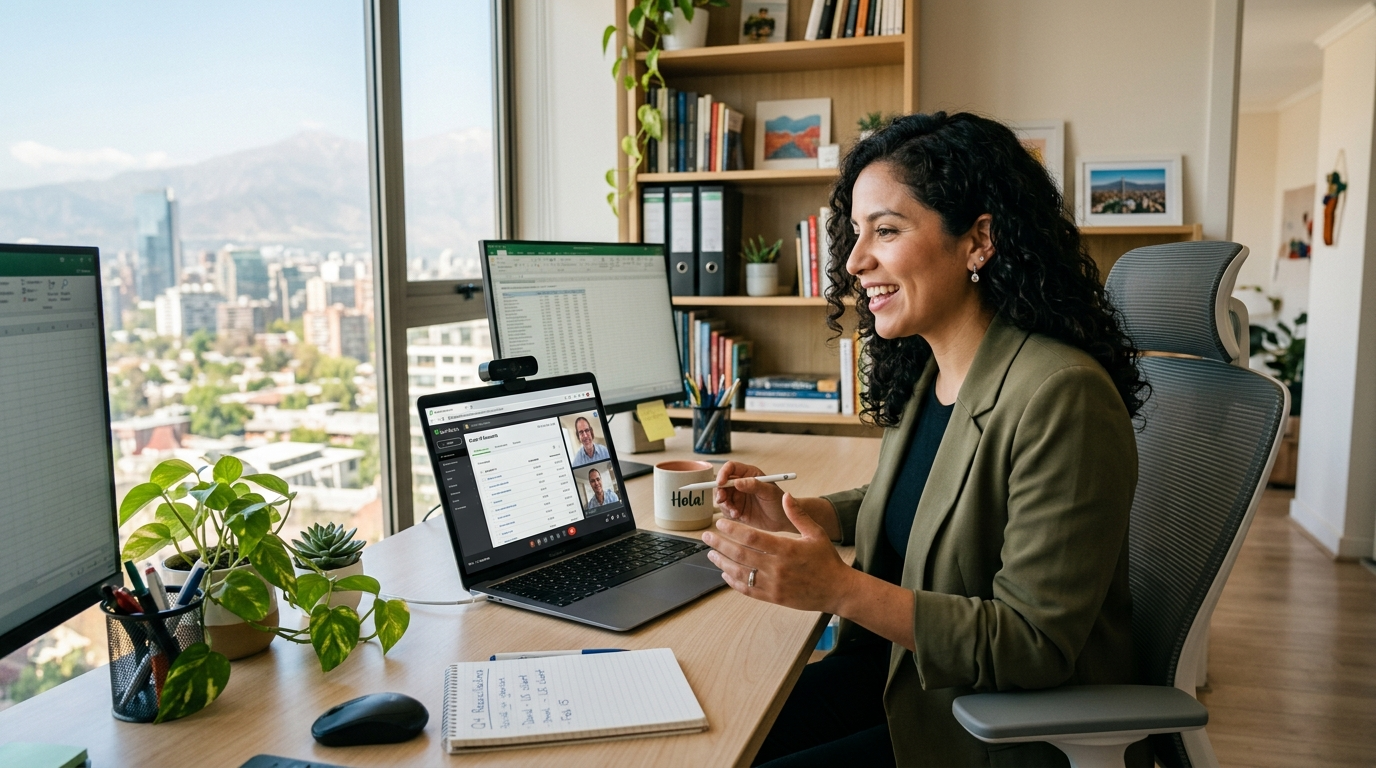 Nearshore QuickBooks book keeper on a real-time video call with a US client, reviewing chart of accounts on screen.
