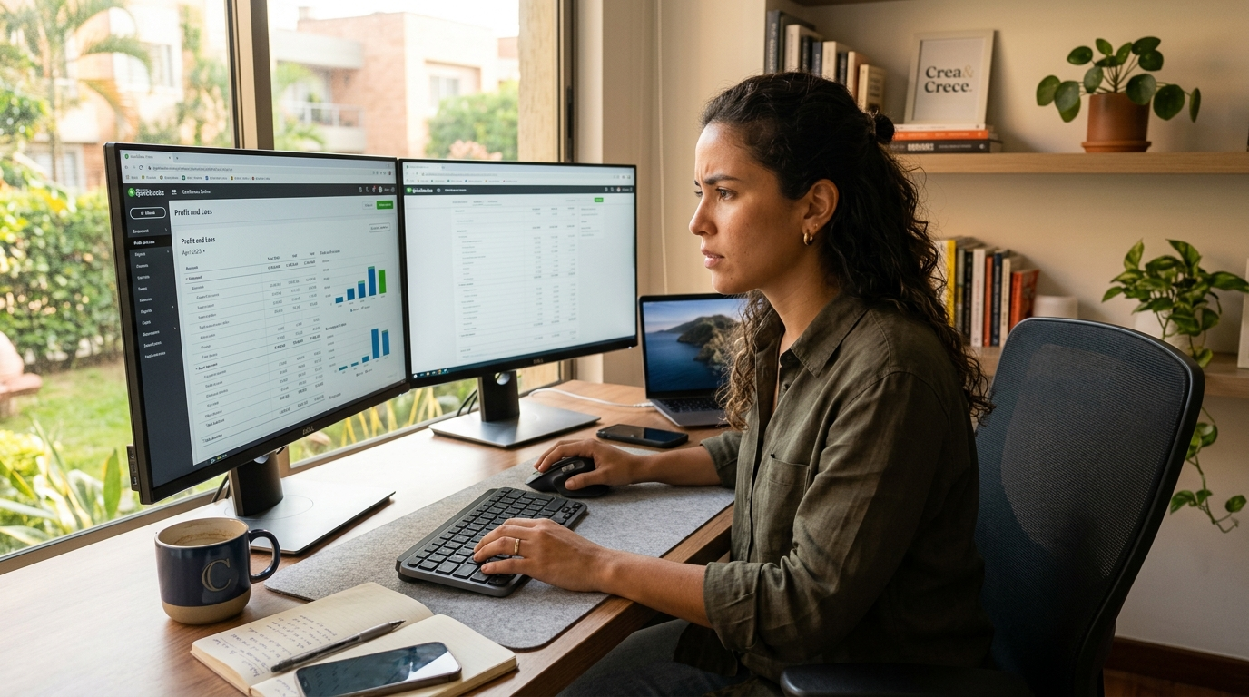 Nearshore virtual bookkeeper reviewing QuickBooks financial reports on dual monitors in a Latin American home office