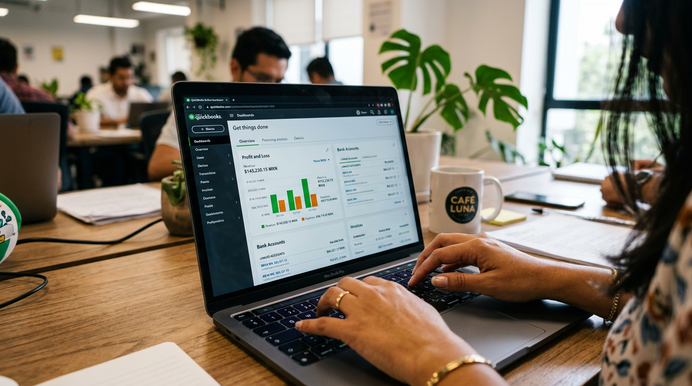 QuickBooks Online dashboard open on laptop with nearshore bookkeeper's hands on keyboard, natural office light