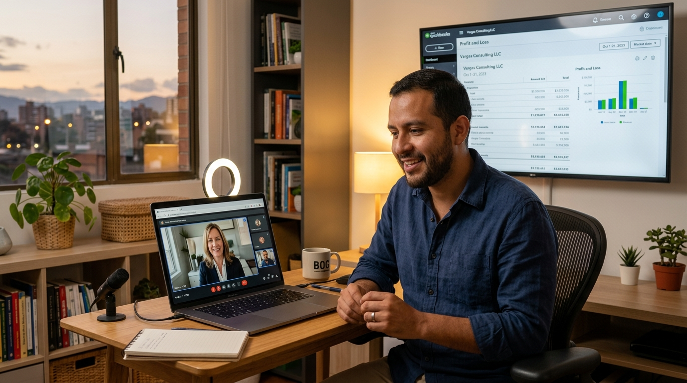 Nearshore QuickBooks bookkeeper on video call with US business owner, financial report visible on monitor, home office setting