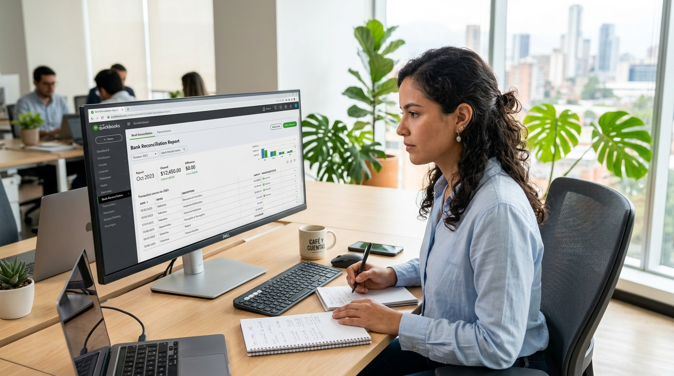 Latin American nearshore QuickBooks bookkeeper reviewing a bank reconciliation report on a desktop monitor in a bright home office