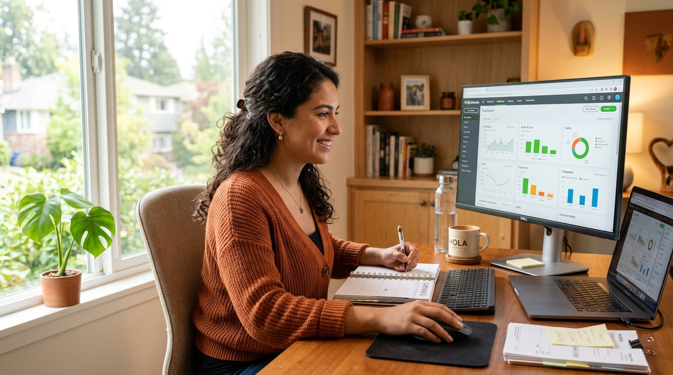 Latin American virtual bookkeeper reviewing QuickBooks dashboard at a well-lit home office desk in 2026