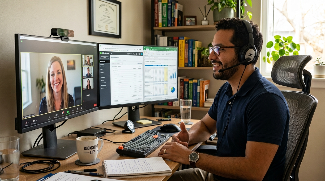 Latin American QuickBooks bookkeeper on video call with US client, dual monitors showing QuickBooks data