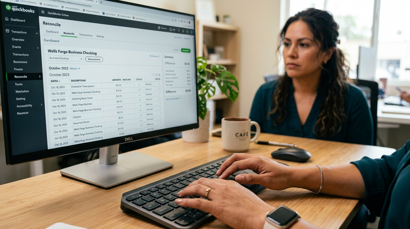 Nearshore QuickBooks bookkeeper reconciling accounts in QuickBooks Online, focused at desk with clear monitor display